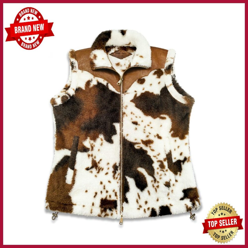 Women's Fuzzy Cow Print Vest Sherpa Fleece Sleeveless Outerwear With Pockets